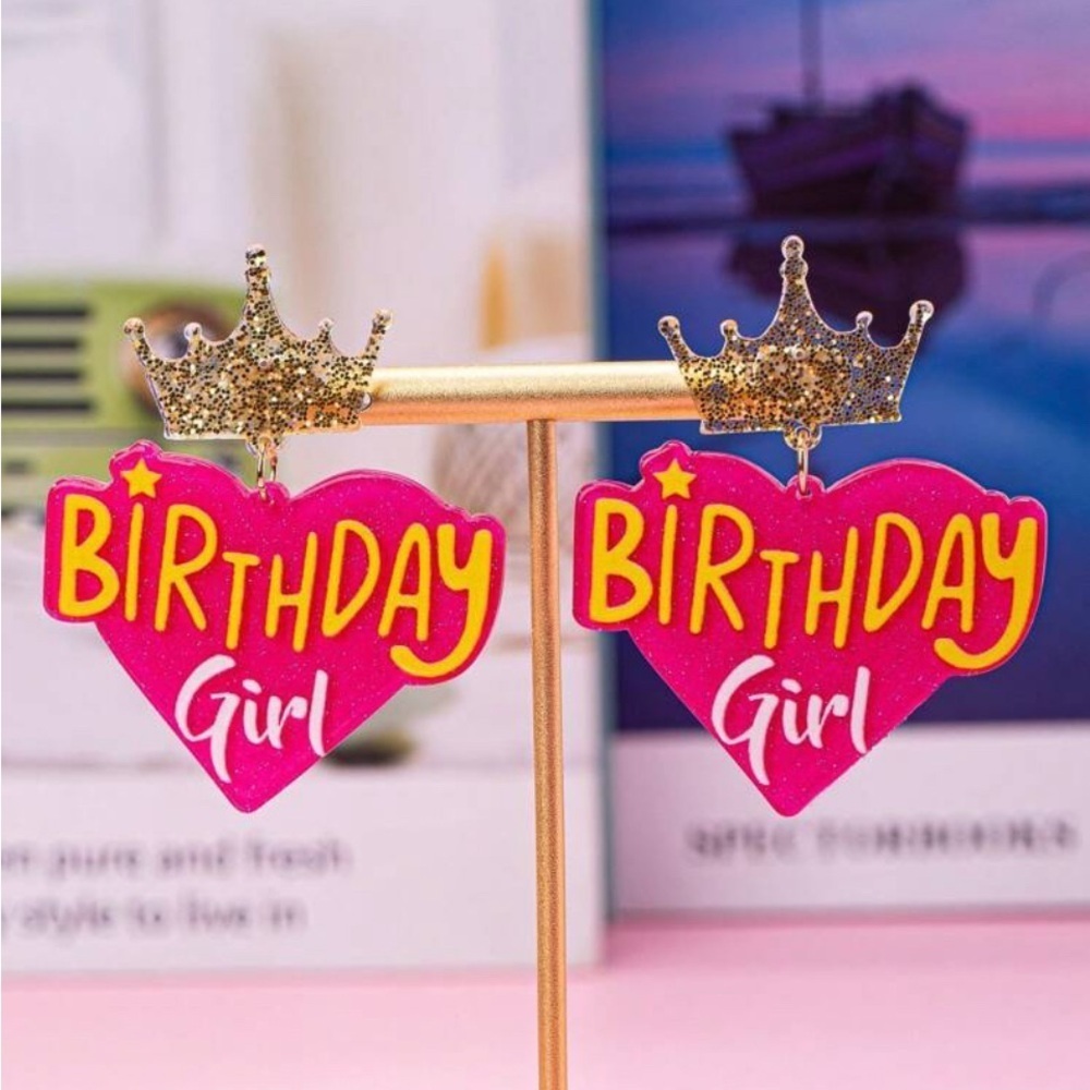 👑👑👑3 for 12$👑👑👑Pink Birthday Girl Earrings with Gold Glitter Crown
